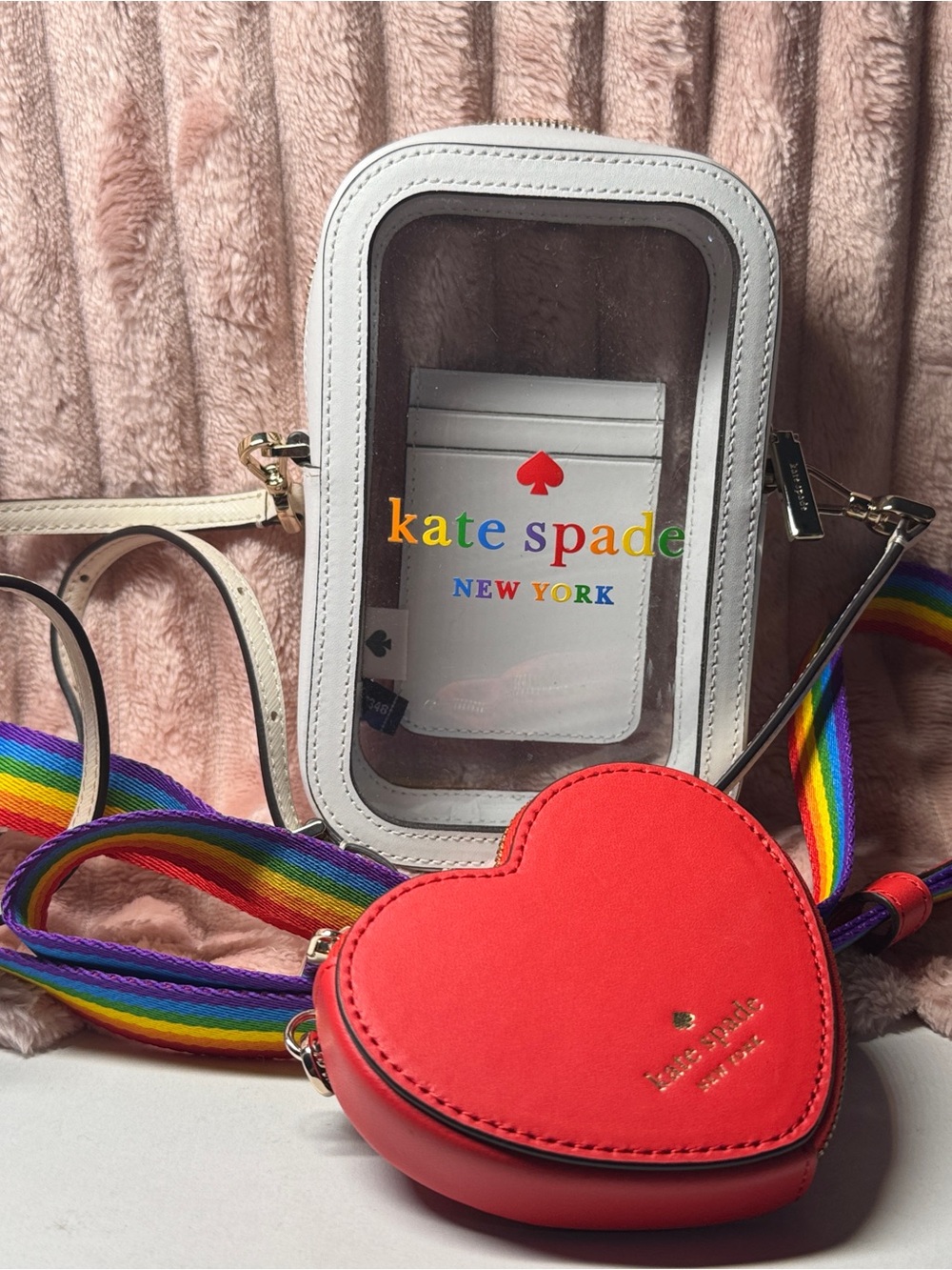 kate spade pride Clear Wristlet Rainbow Red heart coin case strap phone bag